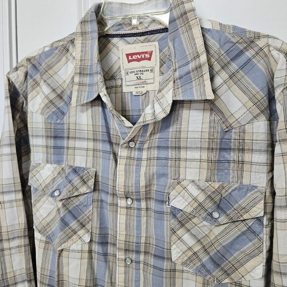 Levi's Shirt Men's XL Regular Blue Tan Plaid Long Sleeve Pearl Snap Western GUC - Picture 1 of 8